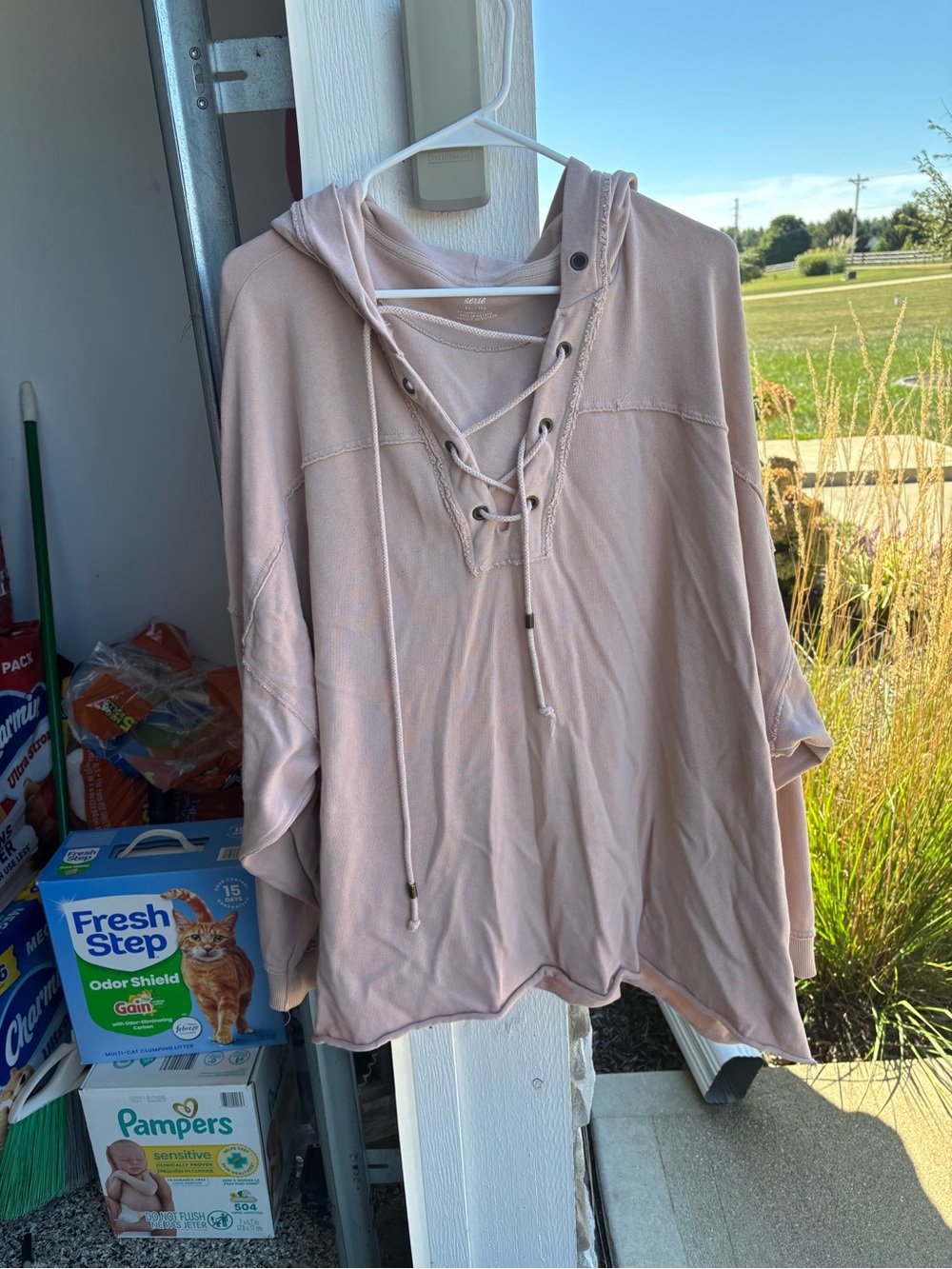 aerie Lace-Up Hoodie in Light Blush